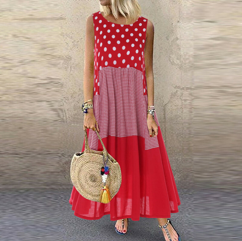Vestido de verano de mujer con cuello redondo impreso vestido de vacaciones Camiseta de algodón casual vestido de talla grande M-5XL color sólido vestido suelto W0625 #20