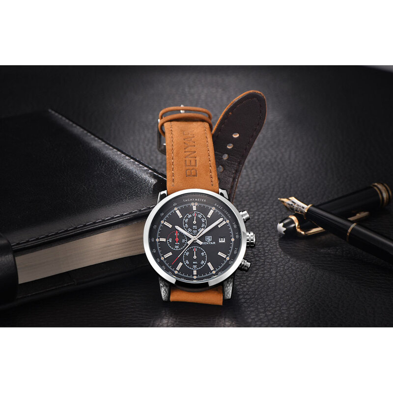 Benyar-Reloj de pulsera multifunción para hombre, cronógrafo de cuero, resistente al agua, con movimiento de cuarzo y calendario