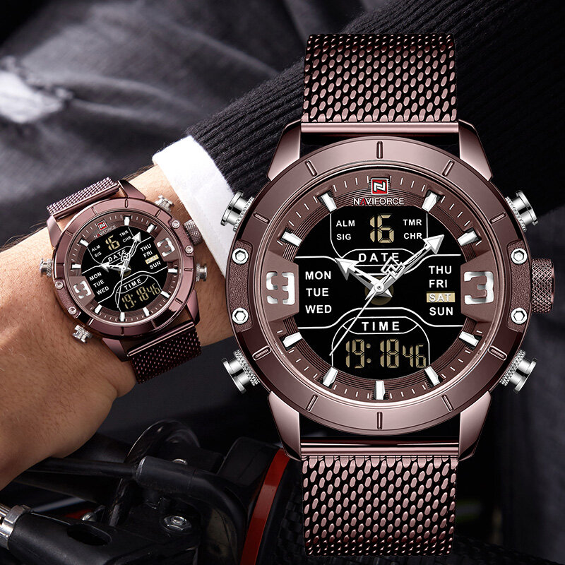 2019 NAVIFORCE analógico Digital relojes de los hombres de la marca de lujo Acero inoxidable deportes hombres relojes Digital Reloj de hombre resistente al agua deporte
