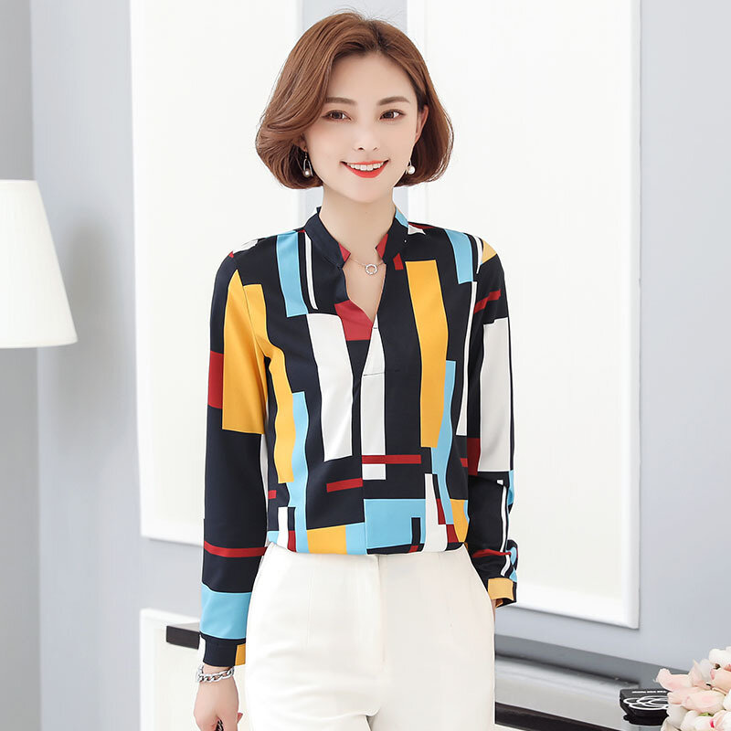 Шифоновая женская блузка с длинным рукавом и v-образным вырезом, тонкая весенне-осенняя новая Корейская клетчатая рубашка, Офисная Дамская нижняя рабочая рубашка, одежда H9032