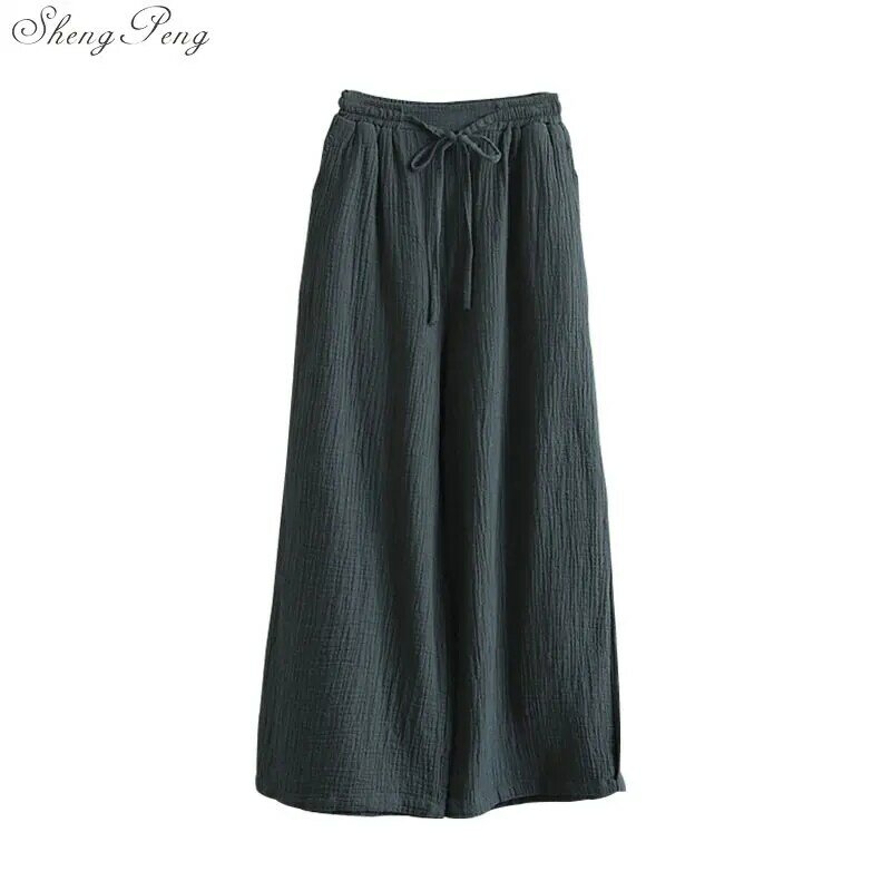 Pantalones holgados de lino y algodón para mujer, pantalón de pierna ancha con bolsillos, informal, cómodo, para verano, Q759