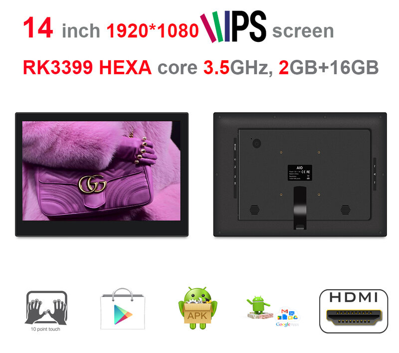 Kiosque tactile, écran de point de vente, HEXA Core, 14 pouces, tout-en-un, pc (RK3399, 3,5 GHz, 2 Go DDR3, 16 Go nand, Android 7.1, wifi 2.4G/5G)