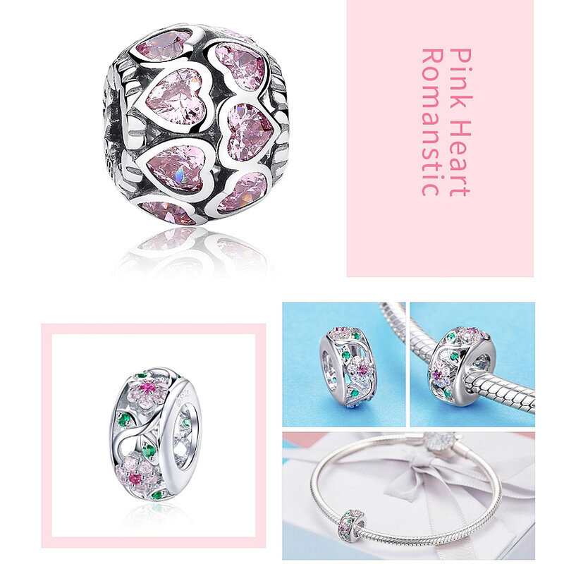 WOSTU 100% 925 Sterling Silver Pink zircone Crystal Beads Hollow-Charm intagliato per realizzare gioielli Fit ciondolo braccialetto originale