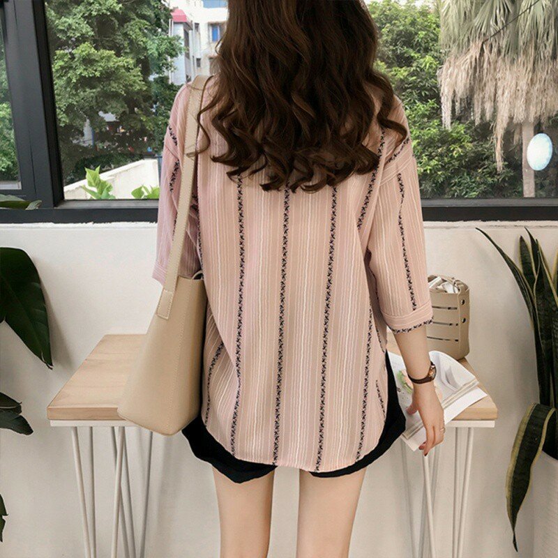 Women Plus Size Pullover Loose Blouse Striped Lapel Collar Seven Point Sleeve Solid Single Buckle Autumn Loose Casual Shirt