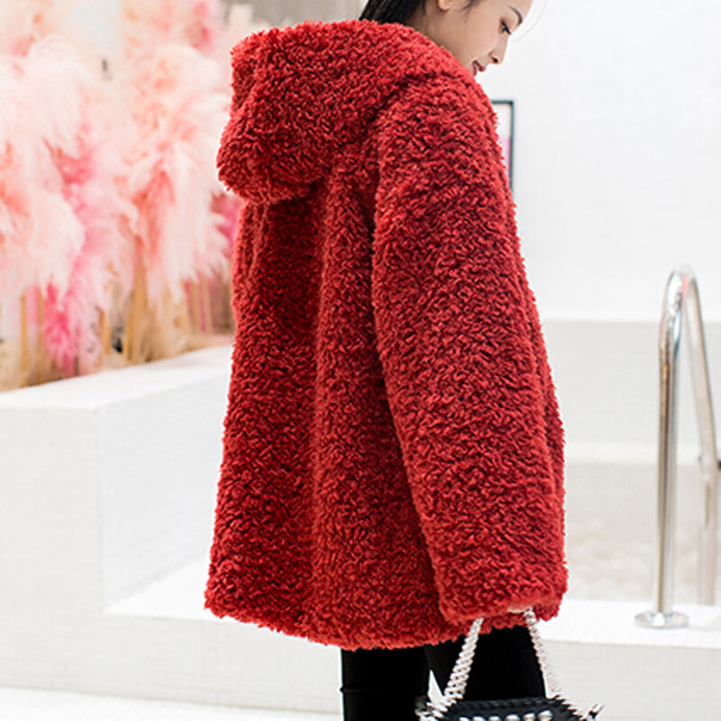女性の冬のフェイクファーフード付きジャケット,厚くて暖かいオーバーコート,特大,ふわふわ,ジッパー,2018