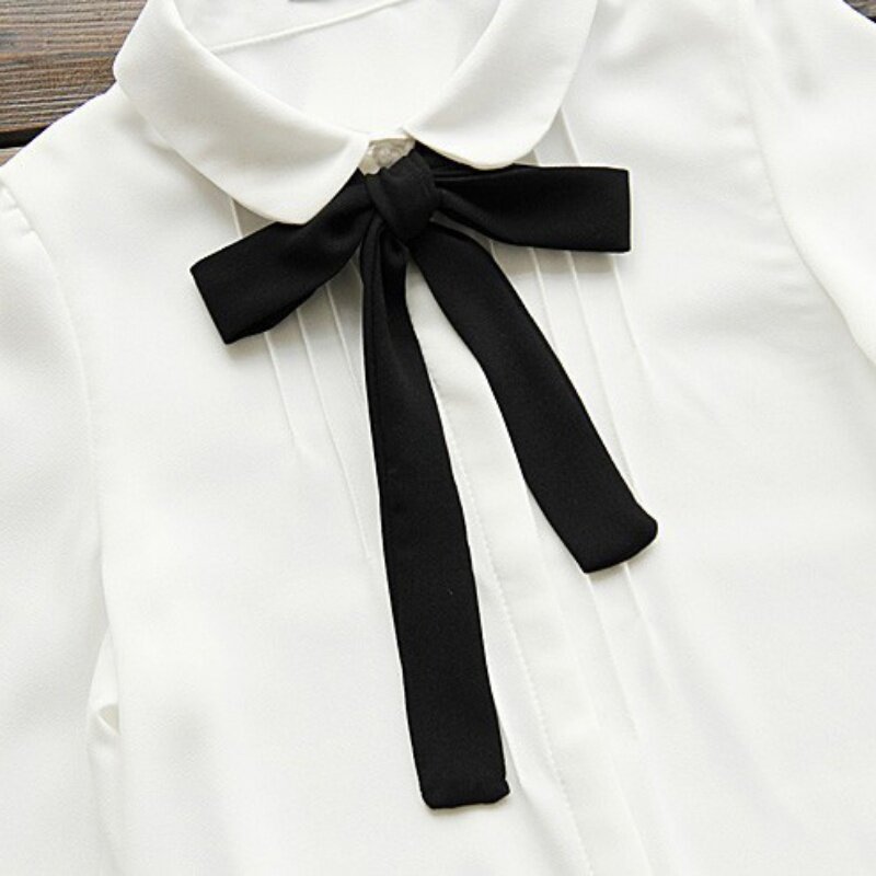 Blusas brancas de chiffon, camisa casual peter pan para mulheres, blusa escolar, 2 estilos, elegante, preta, gravata borboleta
