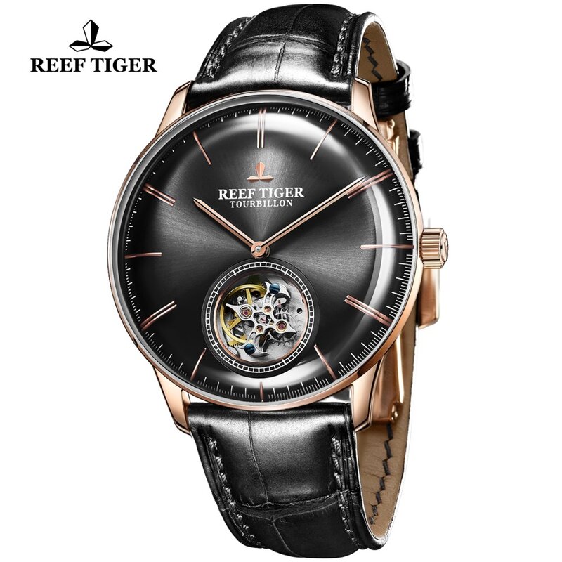 Reef tiger/rt marca de pulso quente luxo famoso masculino tourbillon relógio automático relógio couro reloj hombre rga1930