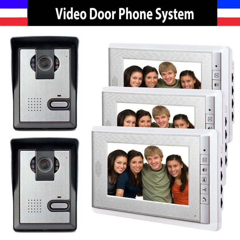 7 นิ้ววิดีโอประตูโทรศัพท์ระบบอินเตอร์คอม Doorbell Doorphone ชุด IR Night Vision สำหรับ Home 3 + 2 กล้อง