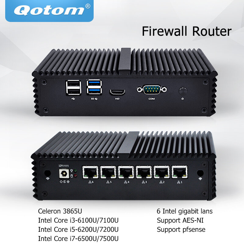 QOTOM мини-ПК Core i3 i5 i7 Безвентиляторный Компьютер 6 гигабит Ethernet AES-NI OPNsense брандмауэр Ubuntu Sophos Q555G6 Q575G6