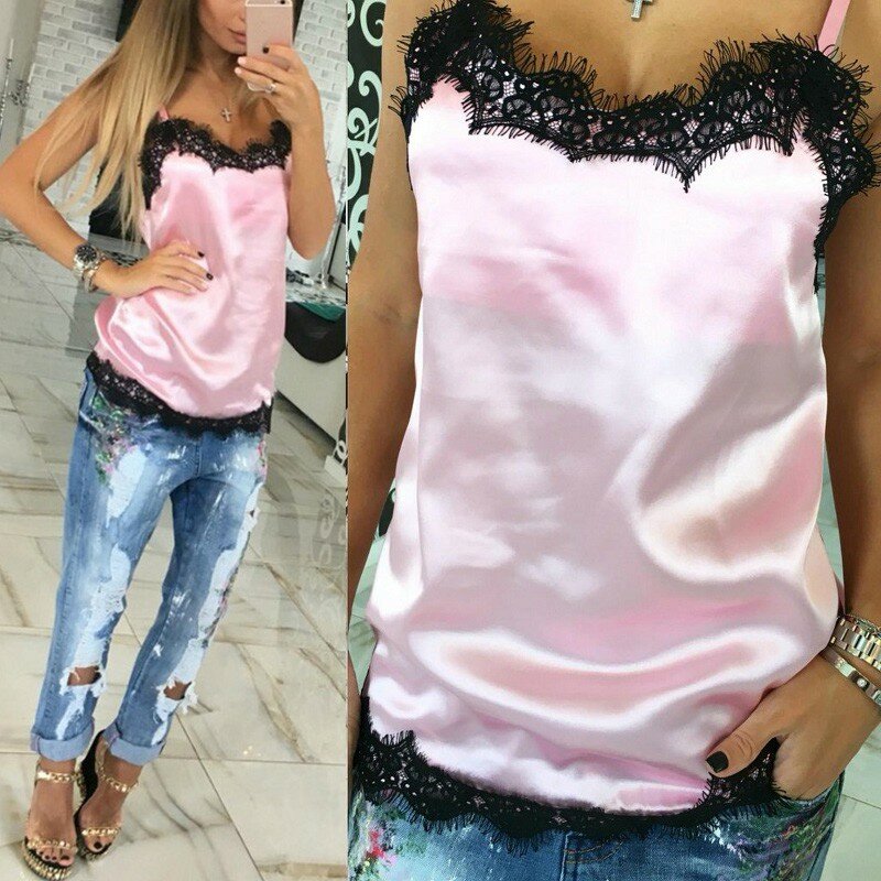 Sexy Women Summer Sleeveless V-neck Beach Strap Top  Shirt Solid Color Lace Patchwork Vest Top Woman