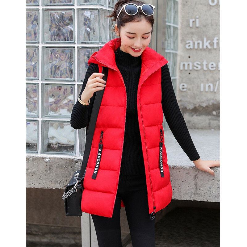 UHYTGF Korean Women Winter Down Cotton Jackets 2022 Loose Size Long Sleeveless Warm Top Fashion Hooded Chic Girl Parker Vest 427