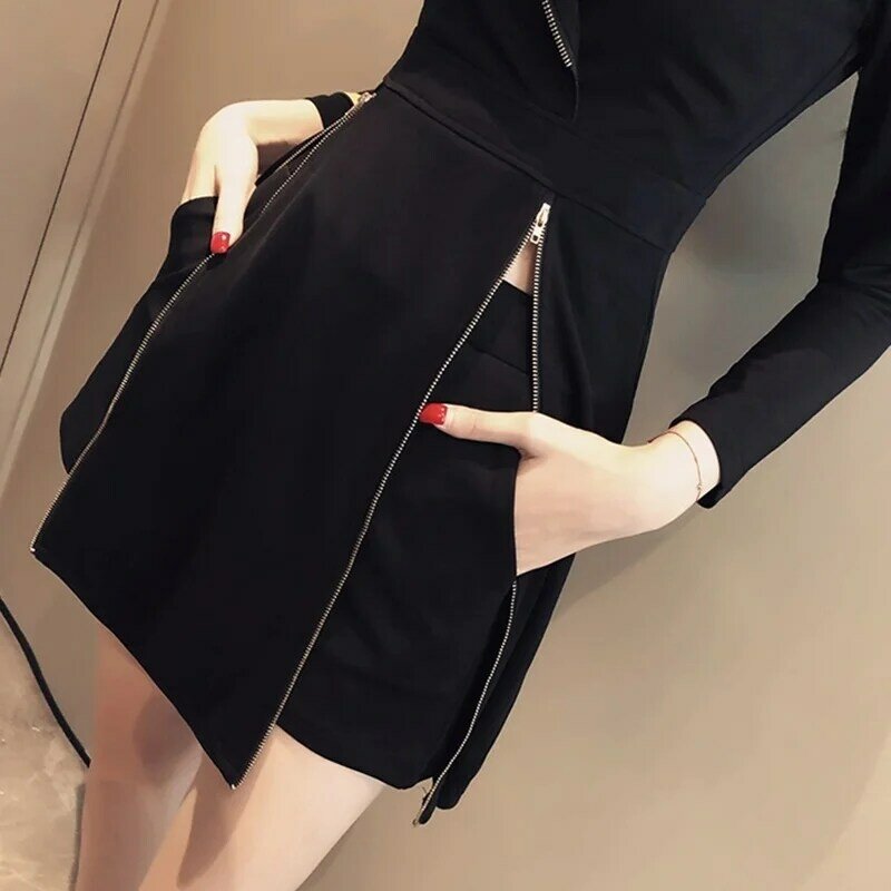 Outono roupas femininas de duas peças, manga longa, zíper preto, sexy, jaqueta longa, conjunto de 2 peças, roupa feminina dd1901