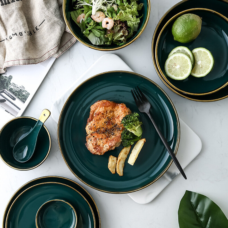 Verde placa de entrada de ouro cerâmica bife placa comida estilo nórdico talheres tigela ins prato jantar high end porcelana louça conjunto