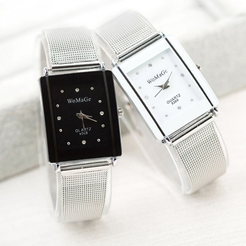 Модные женские мужские кварцевые наручные часы с прямоугольным циферблатом и сетчатым ремешком из нержавеющей стали