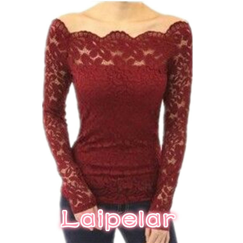 Laipelar Women Tops  Autumn Sexy Blusas Off Shoulder Slash Neck Lace Solid Shirts Long Sleeve Slim Casual Blouses Plus Size
