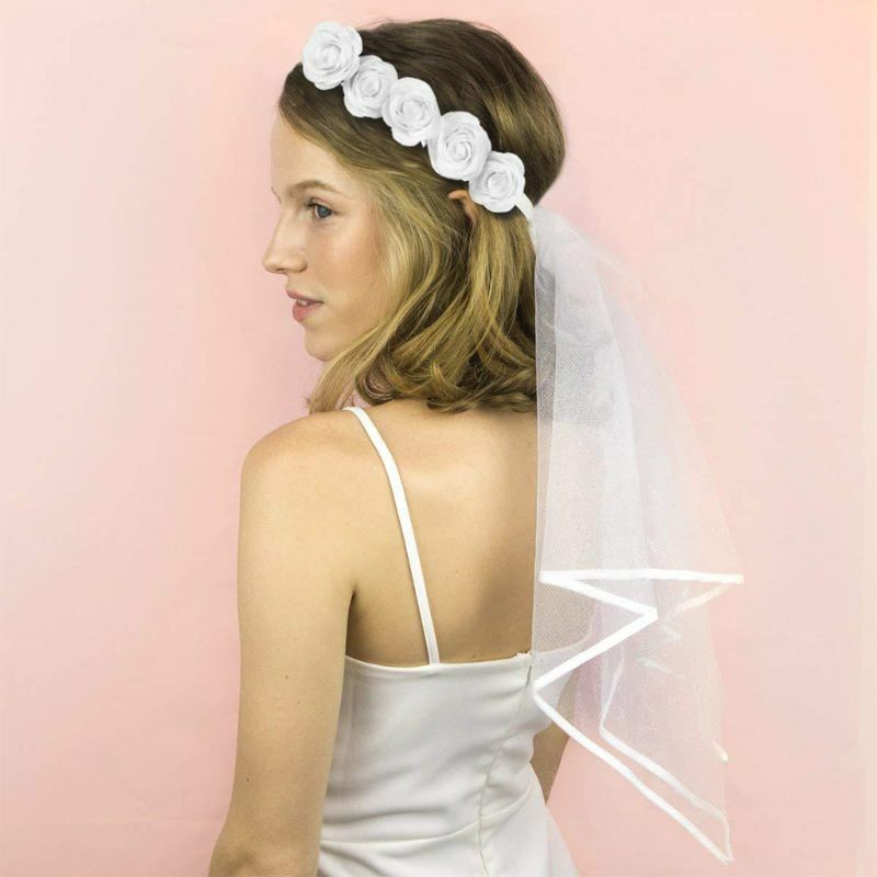Women Bridal Flower Hair Wreath With White Veil Garland Wedding Headband Crown Adjustable Lace Up Ribbon Bachelorette Party 