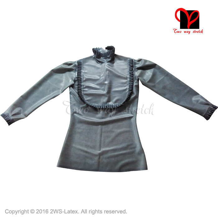 Blusa de látex con volantes para mujer, camisa Sexy de manga larga, uniforme de goma, color negro transparente, ropa de talla grande, SY-023