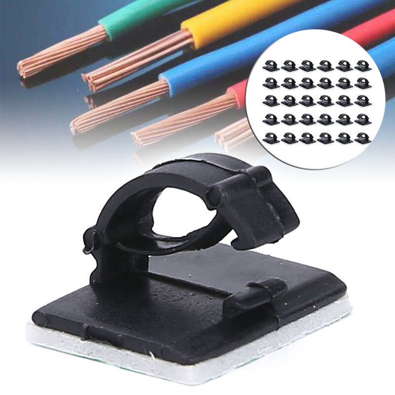 Clipe autoadesivo para cabos de carro, 30 peças, suporte retangular de plástico para cabos de rede e escritório, fixador