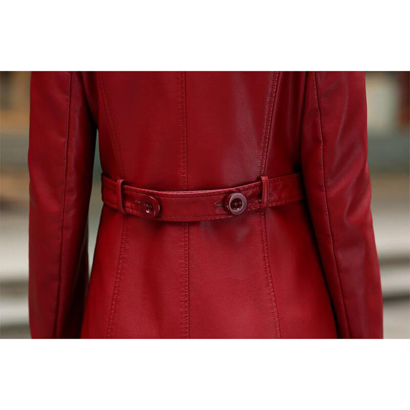 Trench-coat en cuir fendu pour femme, manteau en peau de mouton, mi-long, grande taille, trois boutons, vêtements d'extérieur, 5XL 6XL, automne et hiver, 2021