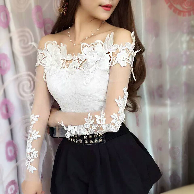 2024 Summer Fashion Lace Blouse Sexy Slash Neck one off Shoulder Shirts Ladies Office korean Tops Long sleeved autumn costumes