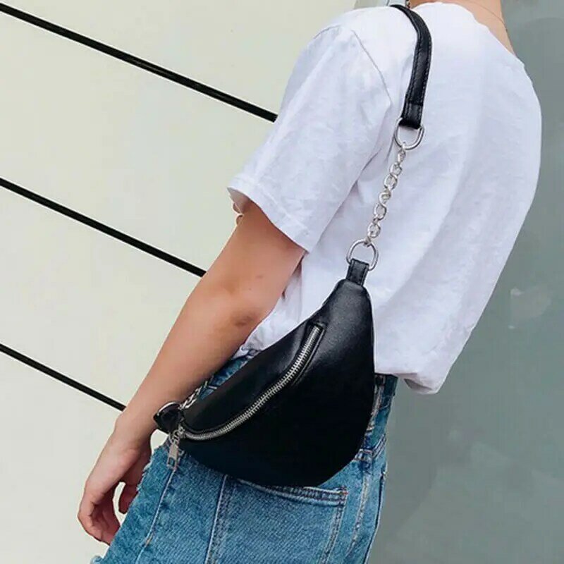 Riñonera para mujer, bolso de PU sólido, cinturón, cadenas, Bolso pequeño con cremallera, para teléfono, 2019