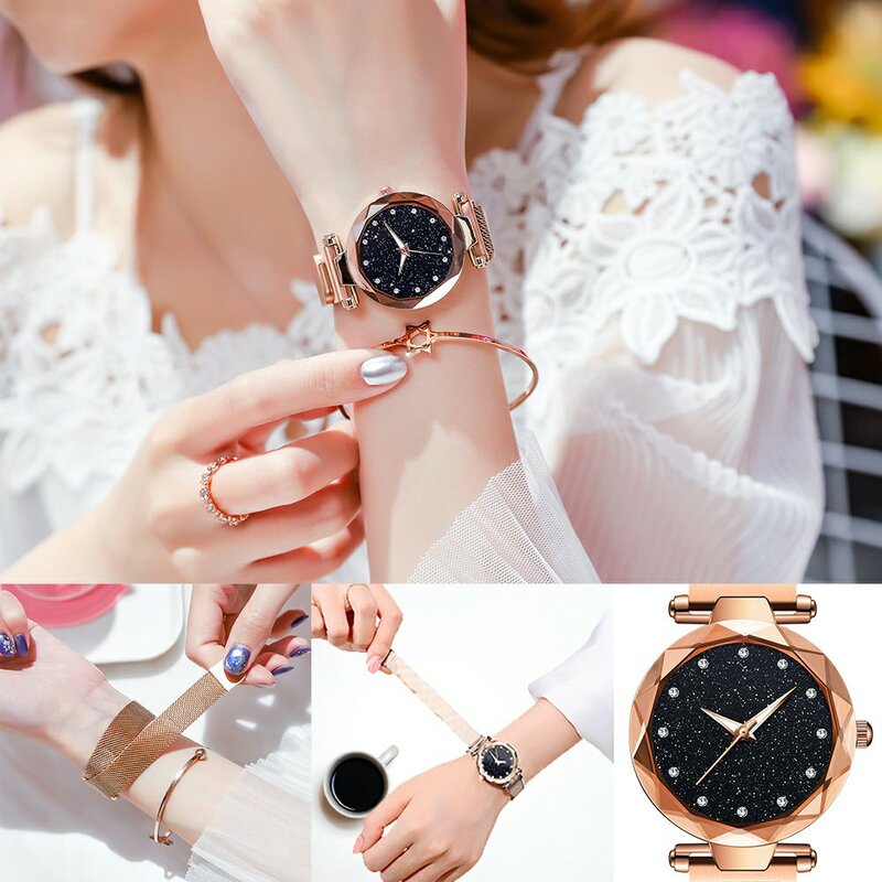 Moda Starry Sky zegarek magnetyczny kobiety gwiazda diamentowy zegar panie siatka ze stali nierdzewnej zegarek wodoodporny zegarek kwarcowy Wrist Watch