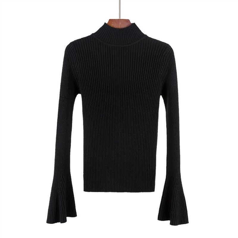 Модный весенне-осенне-зимний свитер, высококачественный вязаный эластичный Женский пуловер, повседневный Однотонный свитер с расклешенными рукавами