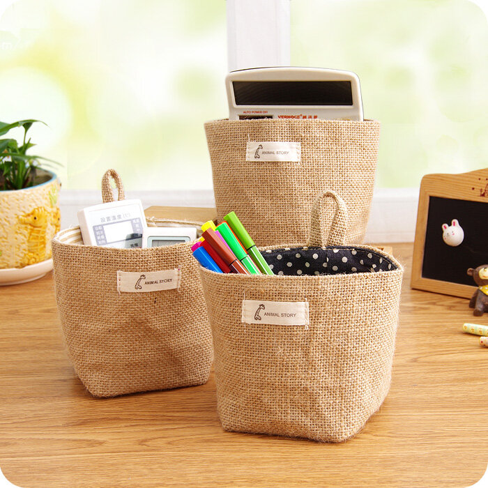 2019 Wholesale Zakka style storage box jute with cotton lining sundries basket mini desktop storage bag hanging bags 6 colors