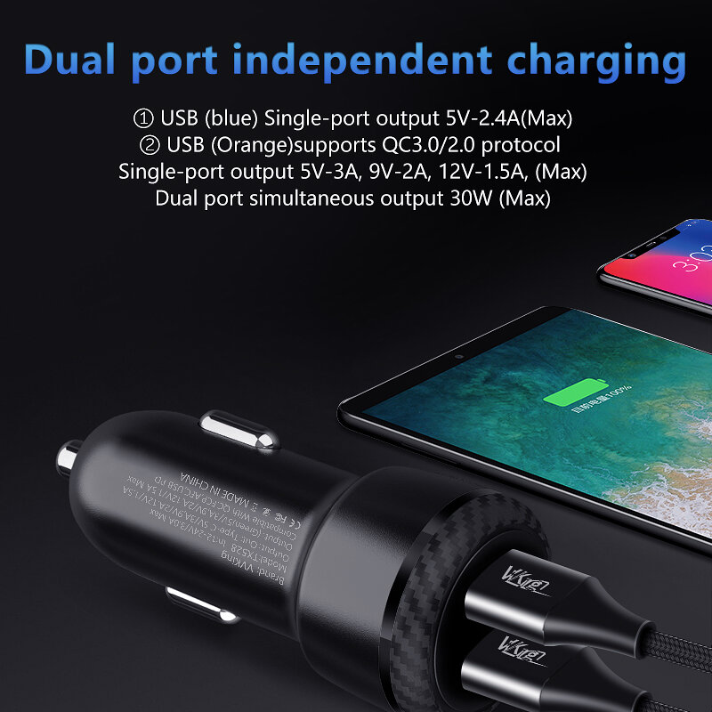VVKing 30W szybkie ładowanie 3.0 2 USB ładowarka samochodowa dla Huawei Samsung Xiaomi LG QC3.0 SCP FCP AFC dla iPhone ipad 2.4A szybkie ładowanie