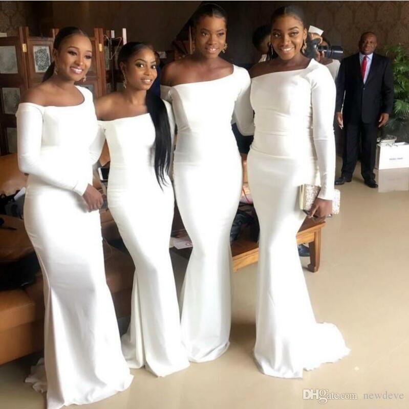 2019 Elegant Bridesmaid Dresses Black Girls Off Shoulder Floor Length Long Sleeves Maid of Honor Gowns Mermaid