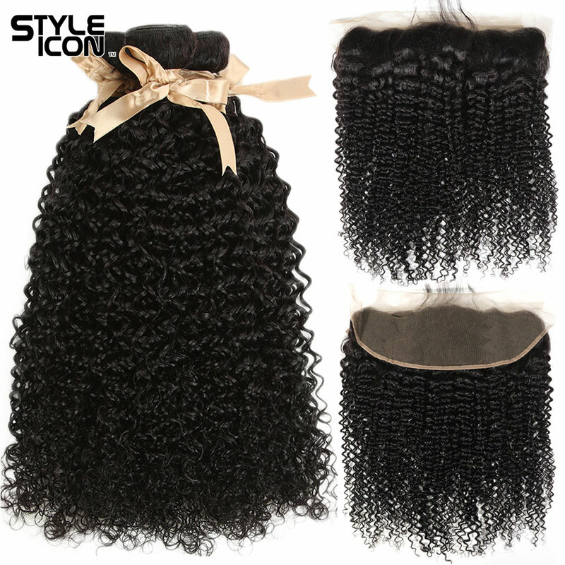 Kinky Curly Human Hair 3/4 Bundles with Frontal Closure Malaysian Deep Curly 13*4 Lace Frontal With Bundles HD Natural Remy Hair