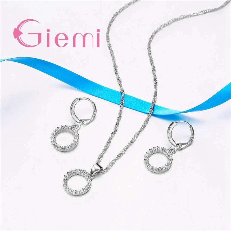 Puro 925 prata esterlina zircon cúbico pingente colar brincos de argola para as mulheres sorte para sempre circular conjuntos de jóias de cristal completo