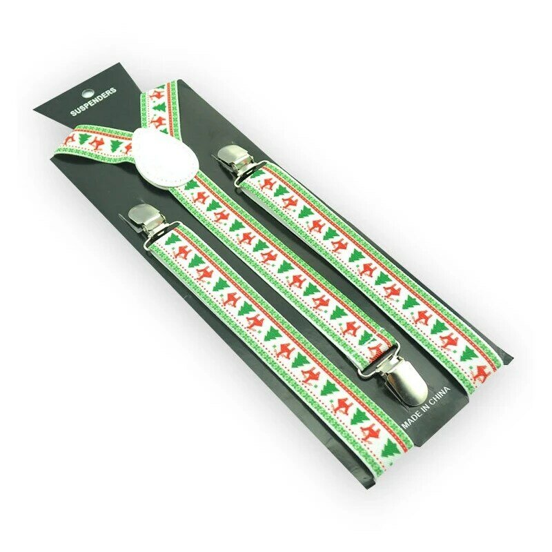 Hadiah natal baru 11 desain campuran Pria Wanita Clip-on kawat gigi elastis 1 inci Slim Y-back suspender untuk Selamat Natal