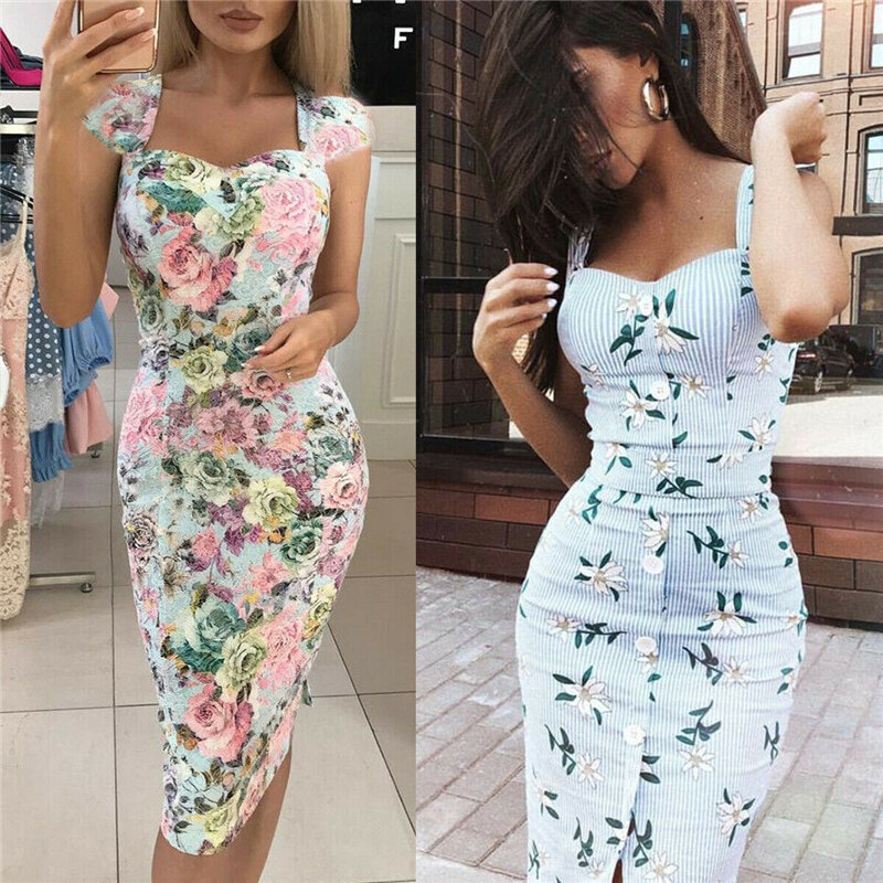 Neue Frauen Sexy Tiefem v-ausschnitt Kleid Floral Bodycon Party Kleid Hohe Taille Weibliche Verband Sommer Club Kleid