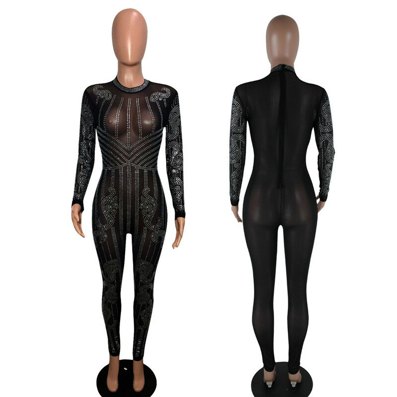 Seksi Bodycon Lengan Panjang Tipis Celana Kodok Fashion Mesh Geometris Berlian Imitasi See-Through Baju Monyet Gemerlapan Overall Gabungan Femme