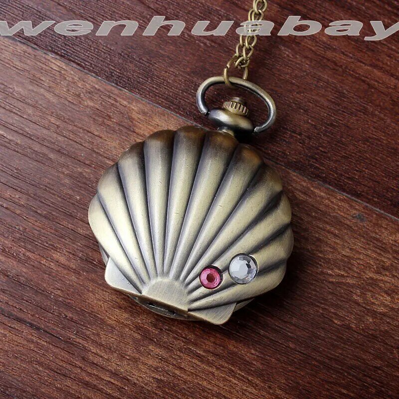 Vintage Bronze Conch Shell Fall Quarz Taschenuhr Kristall Mit Halskette Kette Frau Volle-Hunter Uhren Geschenk Relogio De bolso