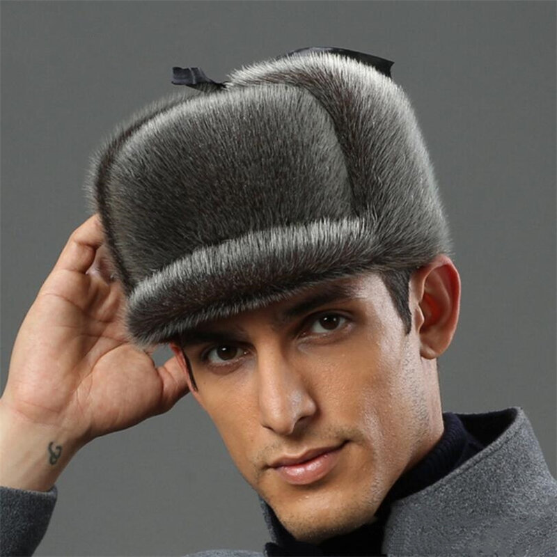 Ianlan boné de luxo masculino, chapéu bomber com pelo de leão real, estilo russo, pelúcia do mar, boné de inverno sólido il00244