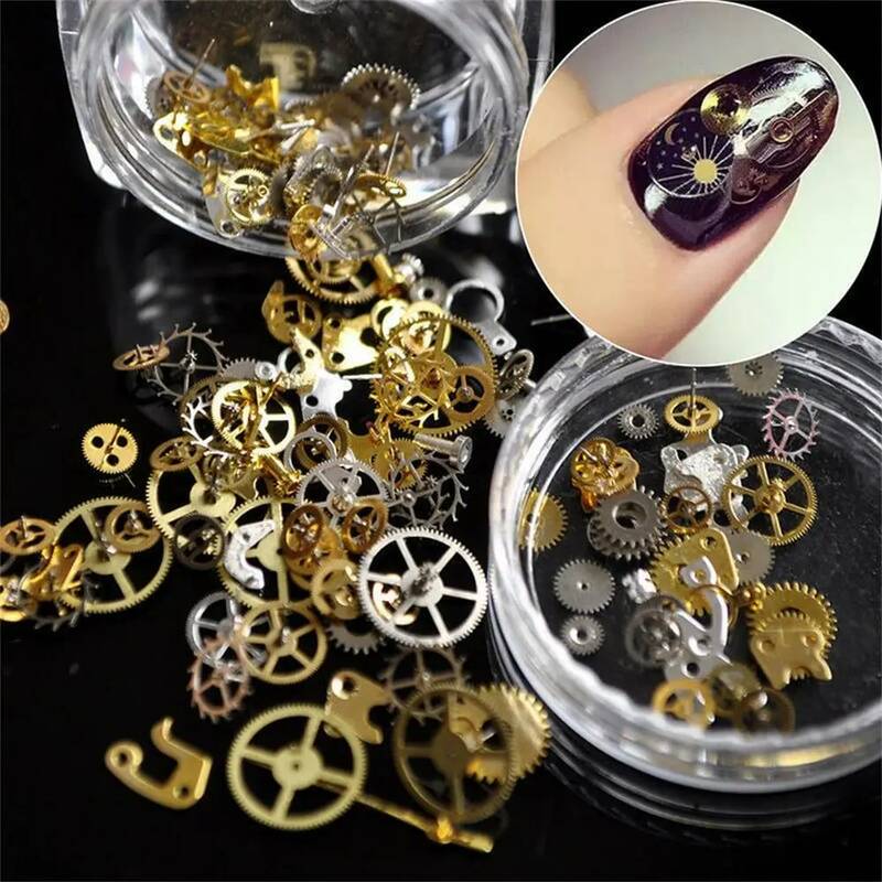Lentejuelas de uñas metálicas huecas 3D DIY, componente mecánico Steampunk, rueda de engranaje, accesorios de decoración de uñas, 1 caja