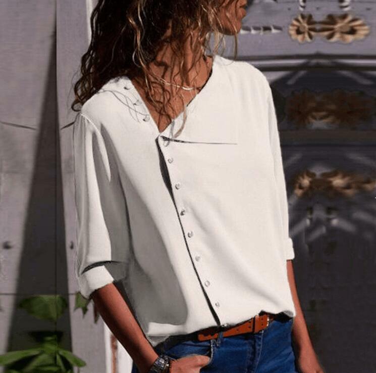 Blusa informal de Chifón con manga larga para mujer, camisa Sexy lisa con botones oblicuos, holgada, para otoño
