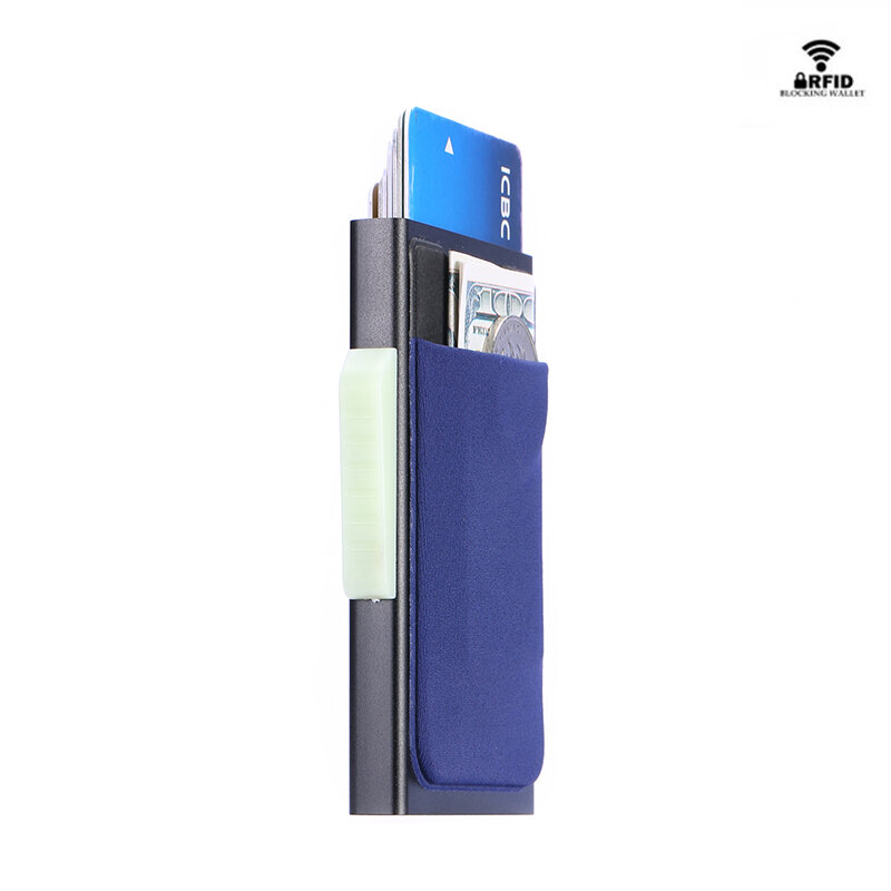 ZOVYVOL aluminiowy portfel z elastycznością tylna kieszeń etui na dowód osobisty blokada Rfid Mini wąski portfel automatyczna wyskakująca karta kredytowa