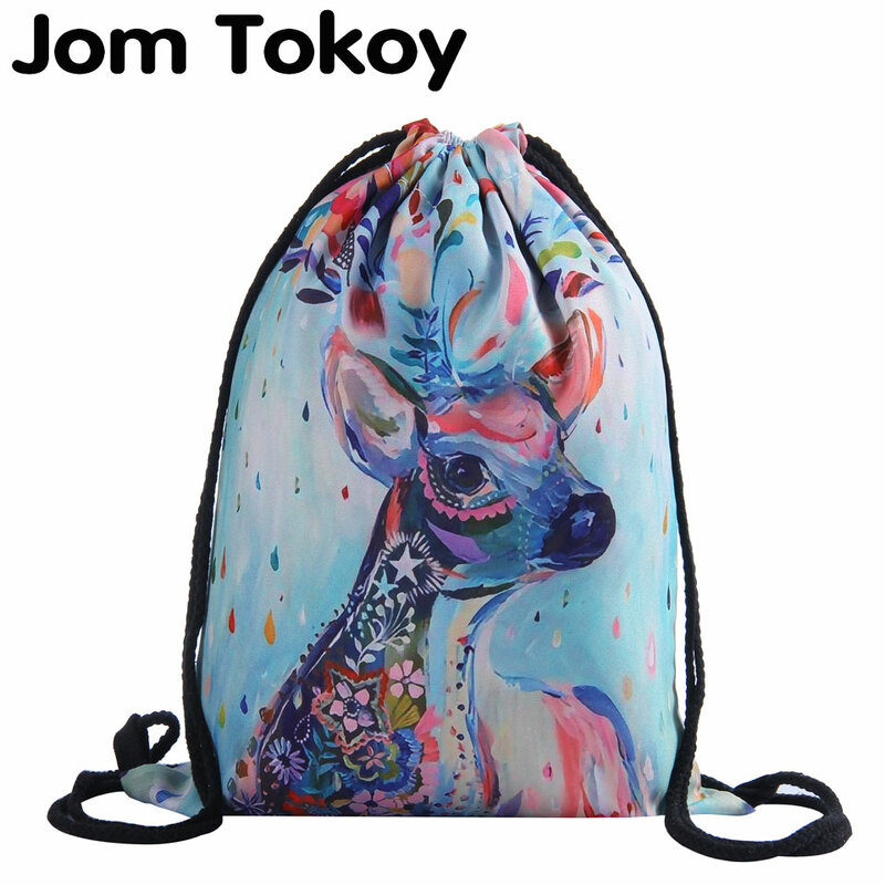 Jom tokoy impressão 3d veados coloridos meninas estudante cordão mochila fullprinting nova moda feminina saco de cordão