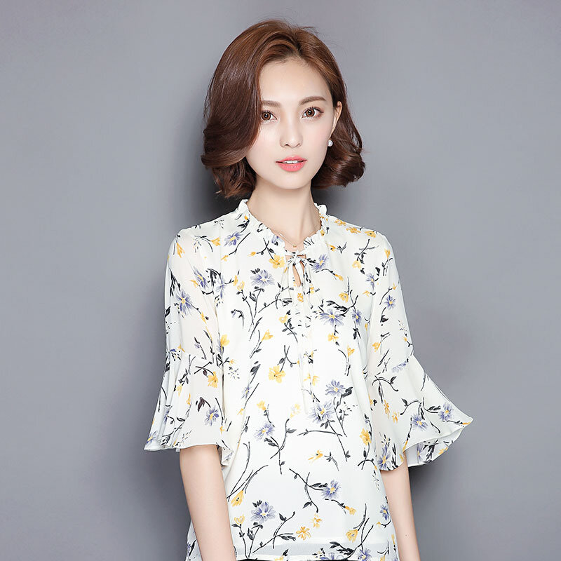 패션 프린트 쉬폰 블라우스 반소매 한국 스타일 느슨한 얇은 플레어 소매 셔츠 여성용, 캐주얼 상의 의류 H9033