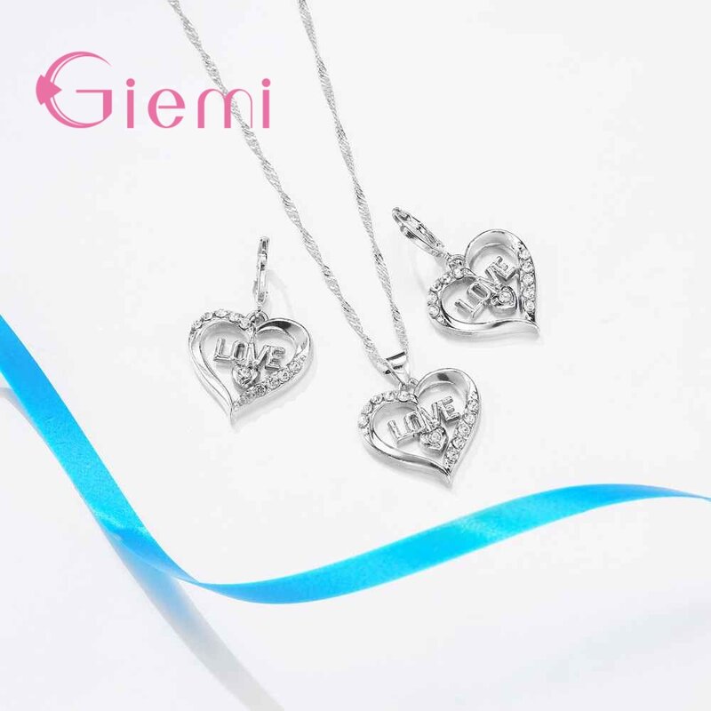 Modern Girls Birthday Jewelry Gifts High-Quality 925 Sterling Silver  Love Heart Necklace Earrings Sets for Wedding Party