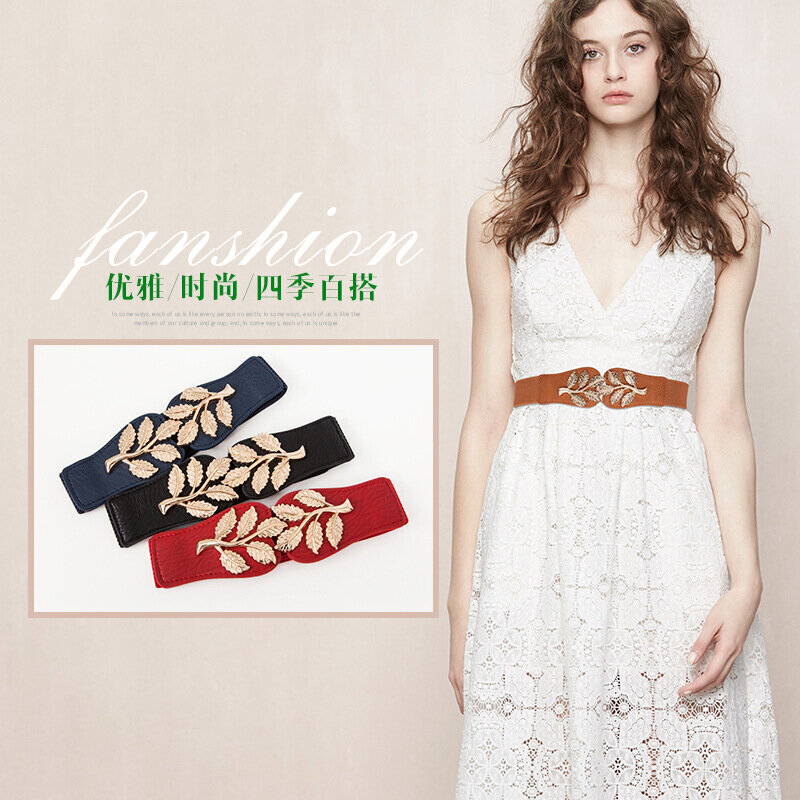 Cinturón elástico ajustado para mujer, vestidos de verano decorativos con patrón de hojas, banda para la cintura de 63x4cm