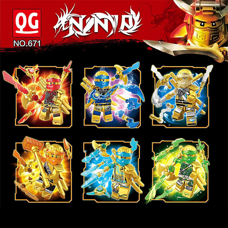 6 piezas de figuras de Ninjagoes dorados, héroes Ninja, Kai Jay Cole, Zane Nya Lloyd, con accesorios para armas, figuras, bloques de construcción, Juguetes