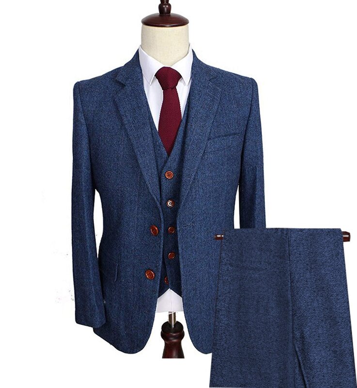 Muesca gruesa de espiga para hombre, traje de negocios de lana de Tweed, 3 piezas, esmoquin Formal con solapa, Blazer ajustado para novio de boda de invierno