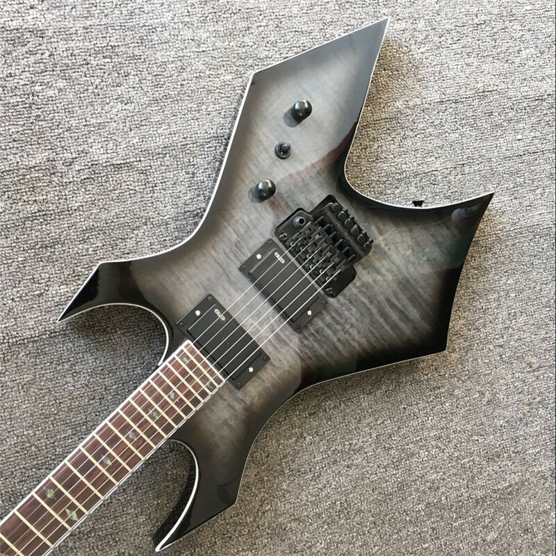 高品質のブラックエレキギター,特別な形をした大きなエレキギター,アクティブなピックアップ,ダブルウェーブギター,実際の写真