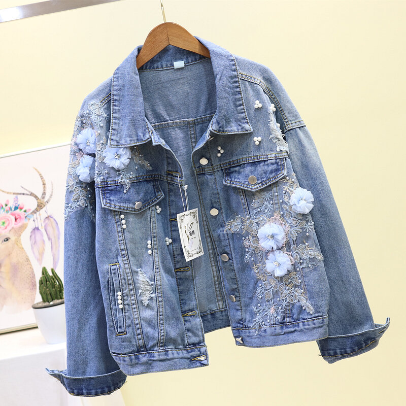 Женское джинсовое пальто с объемной цветочной вышивкой, свободная куртка в Корейском стиле для тяжелой промышленности, весна-осень 2019
