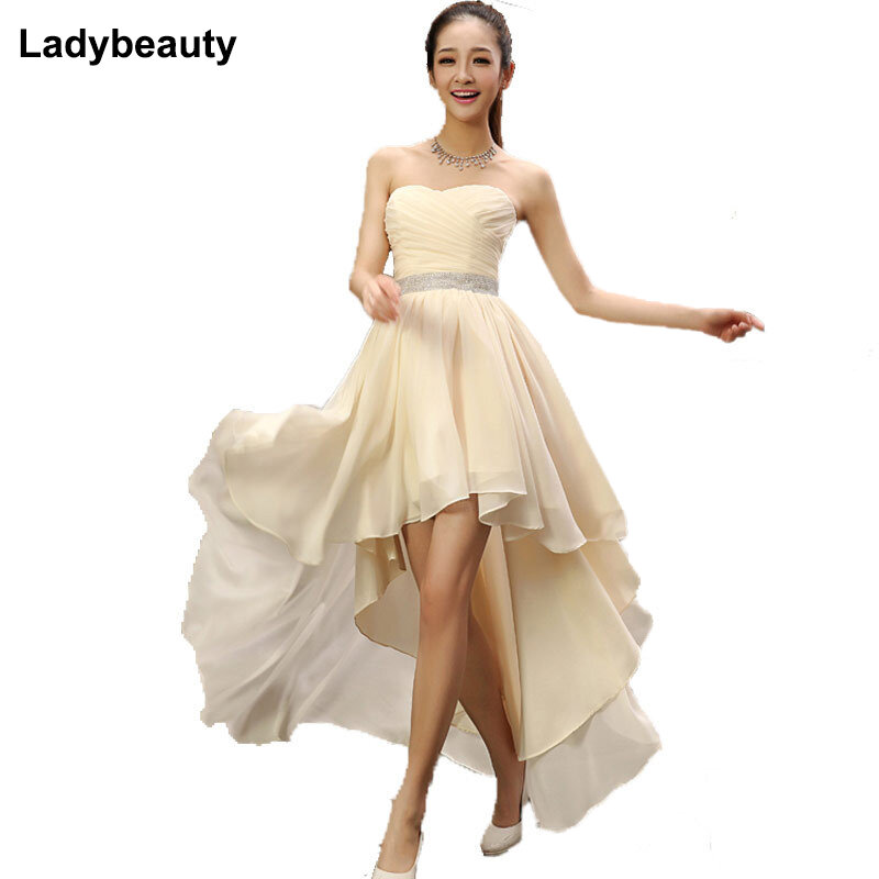 Ladybeauty 2019 크리스탈 새시 민소매 플리츠 쉬폰 짧은 앞 긴 뒤 붕대 이브닝 드레스 베스트 세일
