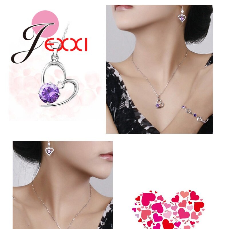 925 Sterling Silver Jewelry Sets Romantic Lovely CZ Crystal Necklace Pendant Earrings for Women Valentines Day Wedding
